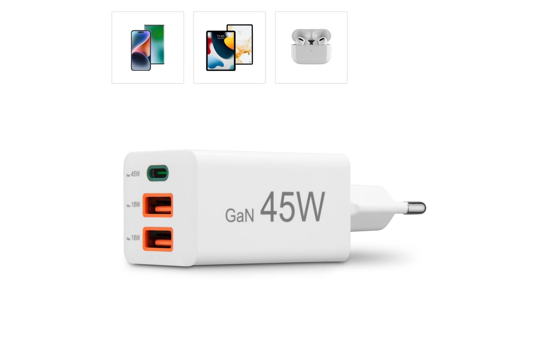 USB-Wandladegerät Gan charger 2x USB-A USB-C 45 W WeissSchnellladegerät mit 1x USB-C und 2x USB-A