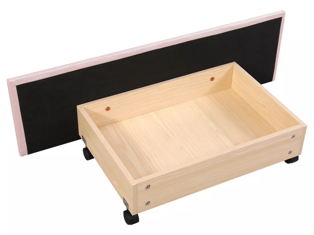 Lit simple 90x200cm en tissu de lin avec LED et 2 tiroirs - Rose