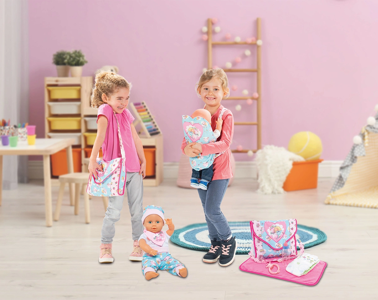 Puppen-Wickeltasche EINHORN EMIL & FEE EMMA mit Zubehör in hellblau/rosa