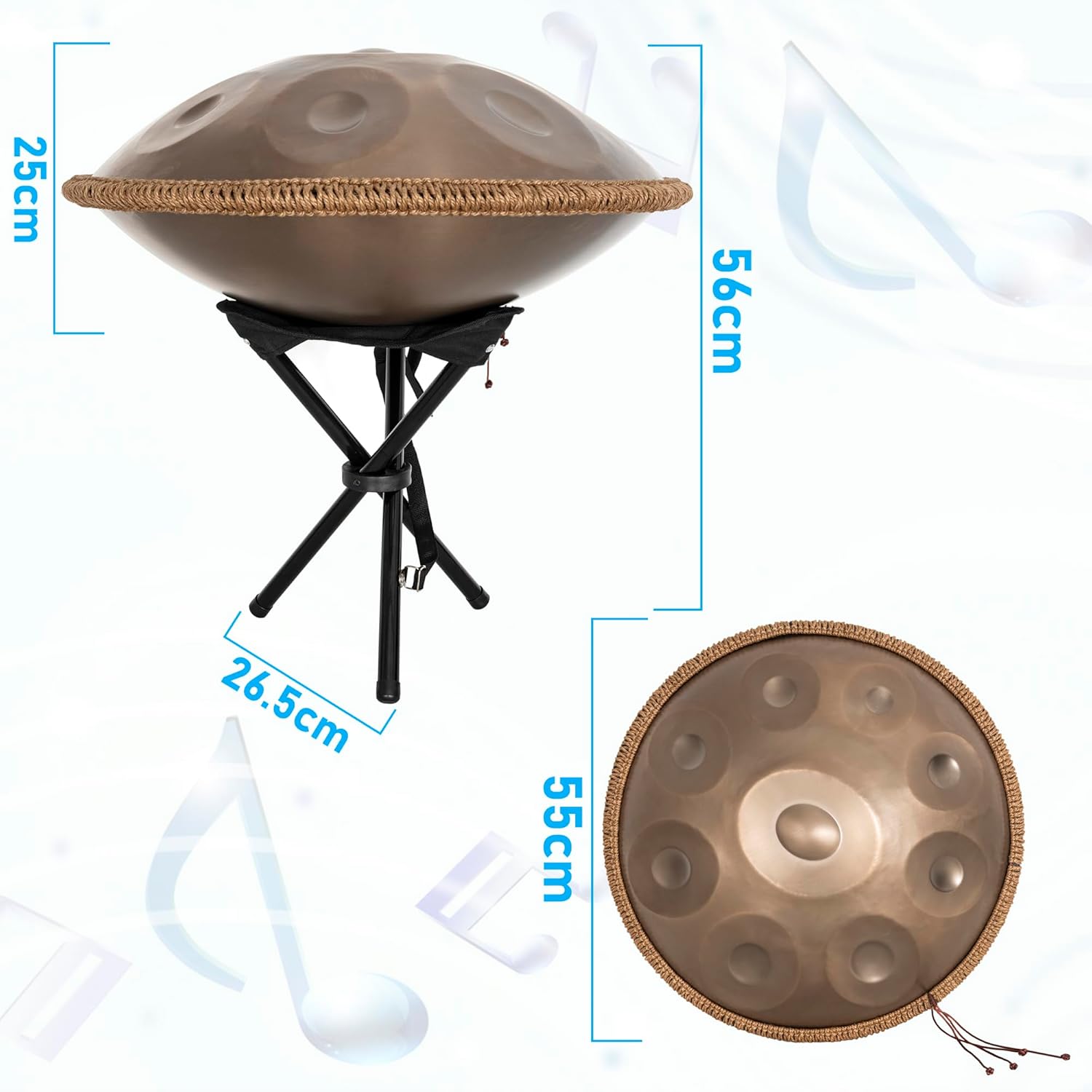 22 Zoll Meditations-Klangschale 9 Töne in Gold mit Ständer - Professionelle Steel Tongue Drum für Yoga, Therapie & Entspannung, Hochwertige Klangqualität Mit Aufbewahrungstasche（440HZ）