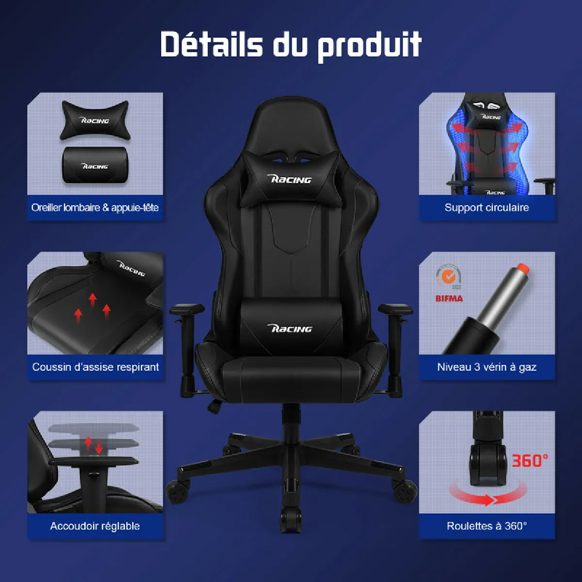 Lexzurn Chaise Gaming - Noir