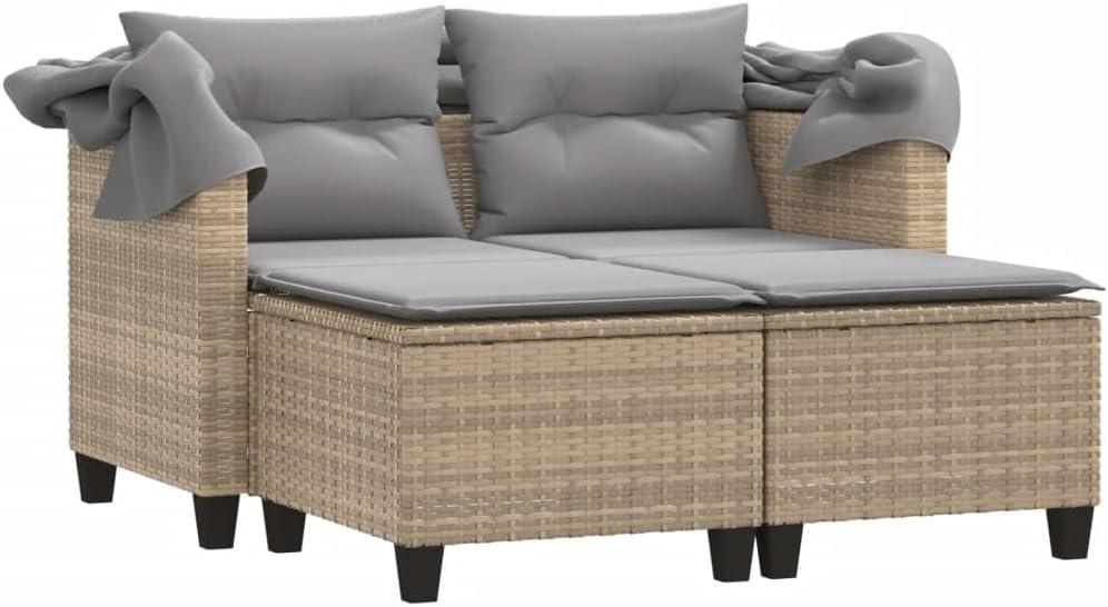 vidaXL Gartensofa 2-Sitzer mit Dach Hockern, Outdoor Sofa Gartenmöbel, Garten Lounge Set Terrasse, Terrassenmöbel Zweisitzer, Beige Poly Rattan