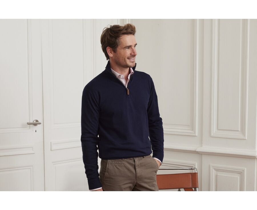 Pull col zippé homme fin coton bio/cachemire Navy - VLAD