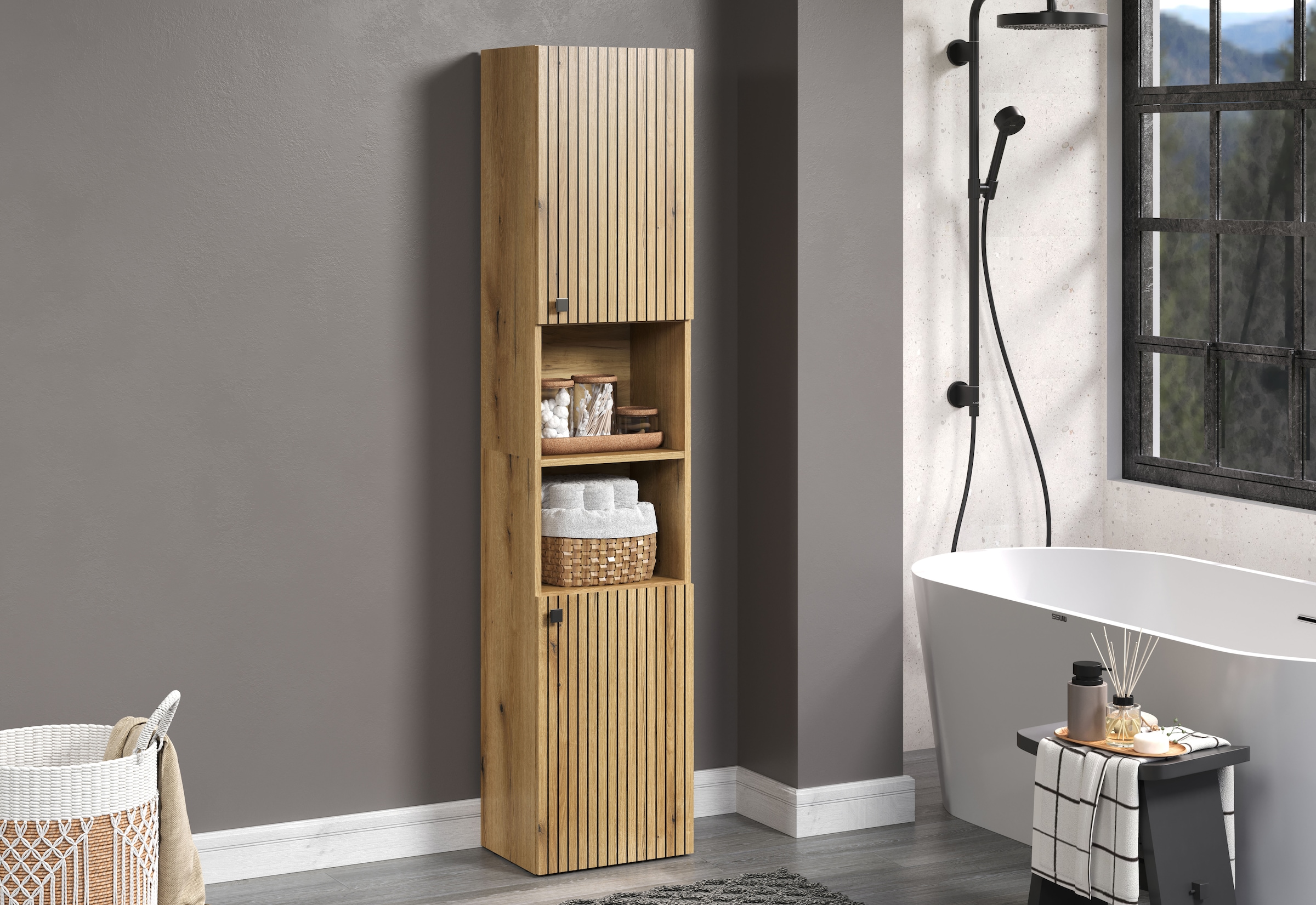 welltime Hochschrank »Amrum« 1 Stk. tlg. Badezimmerschrank mit und ohne Schublade - (B/T/H) 40-70/31/186 cm
