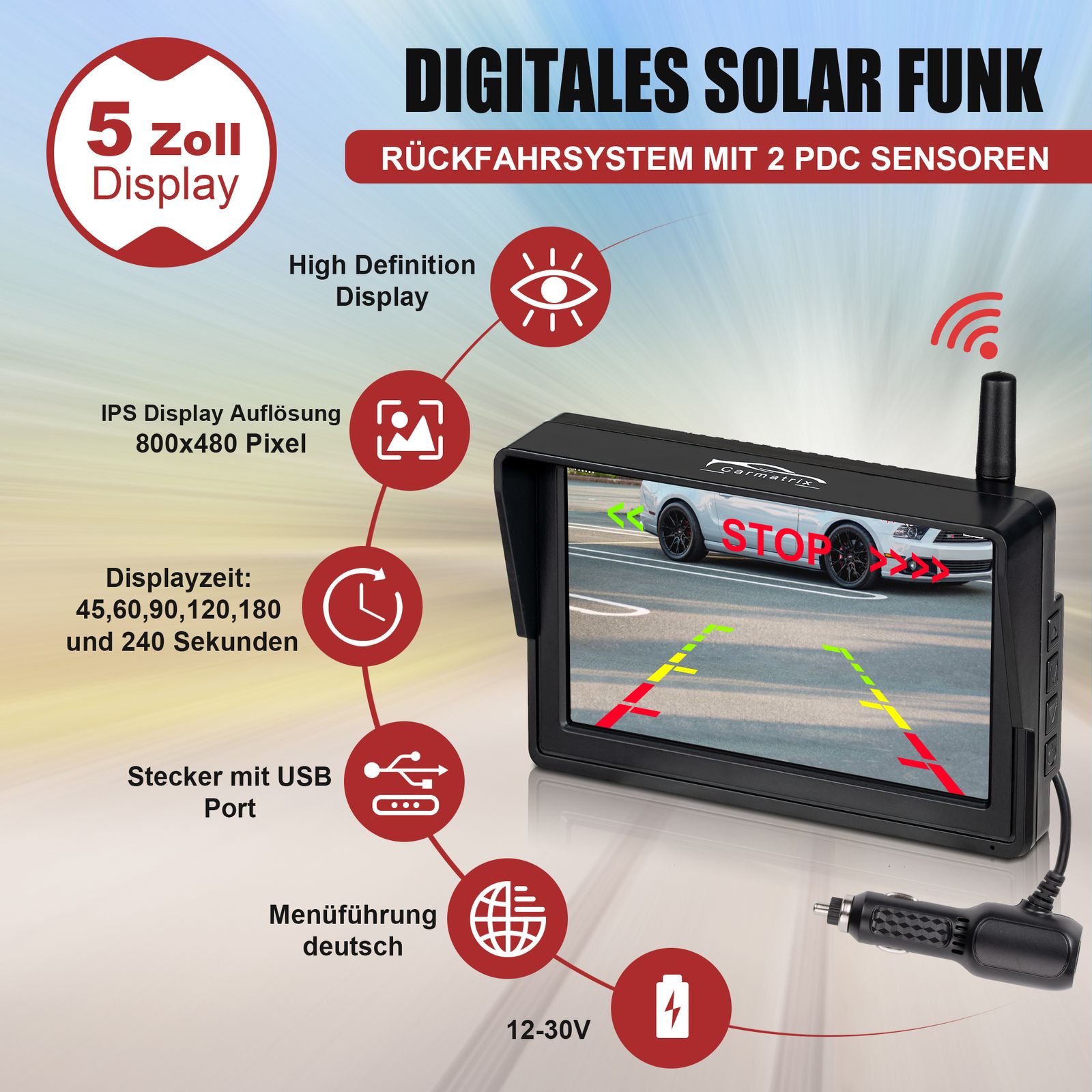 CARMATRIX Duo Solar Rückfahrsystem HD Rückfahrkamera im Nummernschild mit PDC Sensoren für Vorne und Hinten