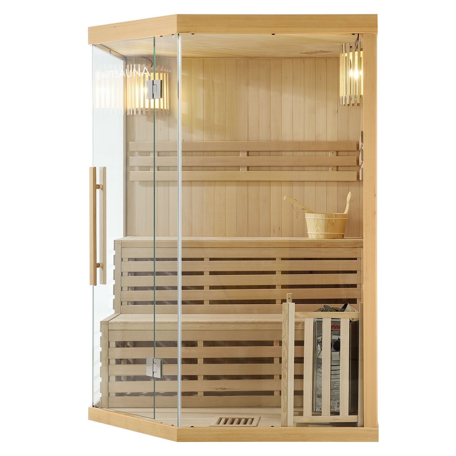 Artsauna Saunakabine Espoo150 Premium mit Harvia Ofen – 3 Personen – Hemlock Holz & Glasfront