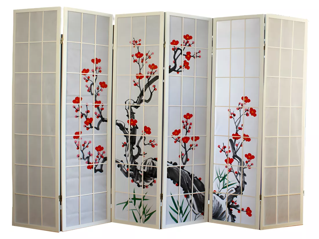 Paravent japonais fleur de cerisier en bois blanc de 6 pans, L264 x H175 x P2 cm