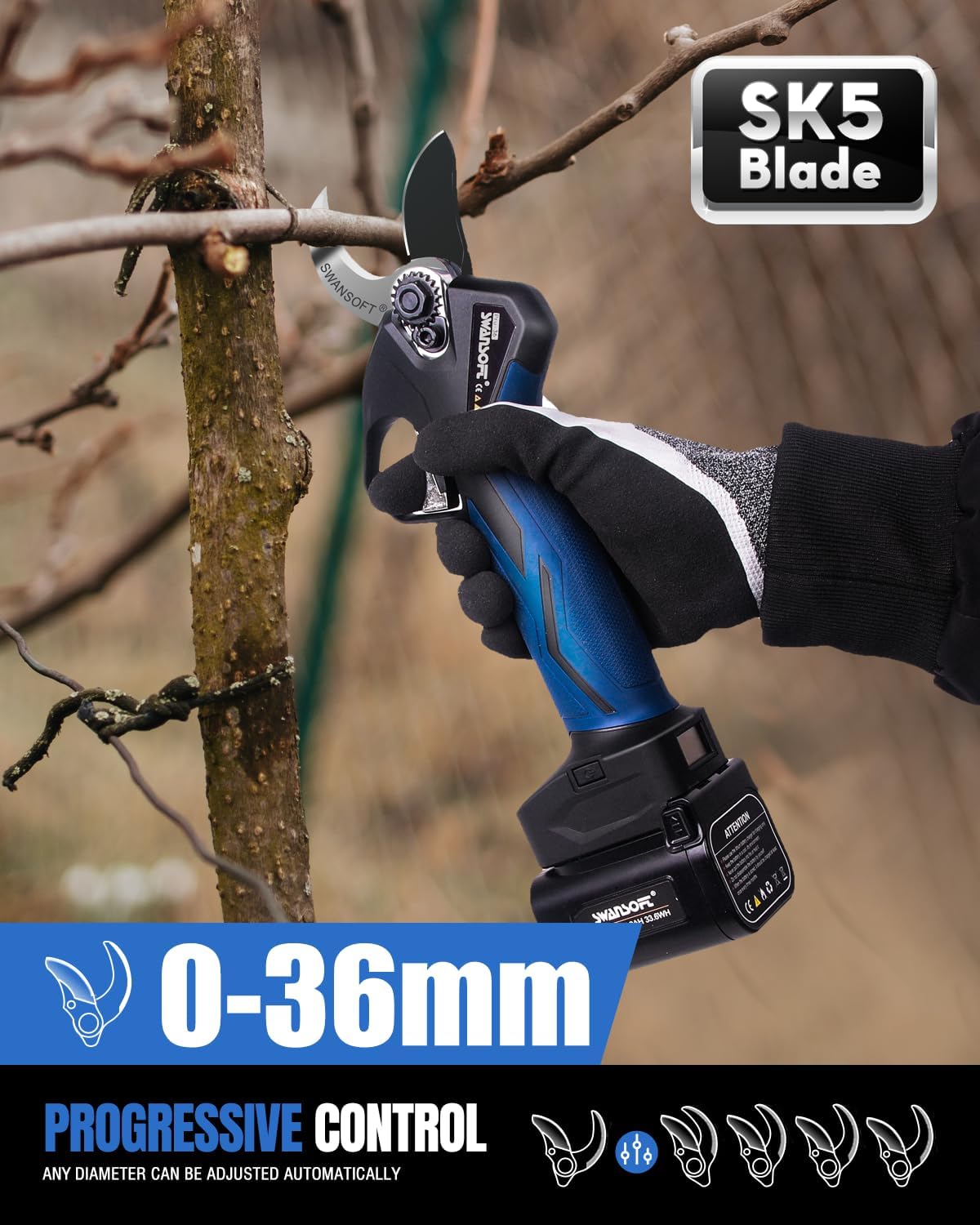 [Leise und Langlebig] SWANSOFT PRU36 Akku Astschere, 36mm 16,8V 900W 4Ah+2Ah Gartenschere Leistungsstarke Elektrische Elektrogartenscheren Für Präzisen Baumschnitt, Rosenschnitt und Weinreben