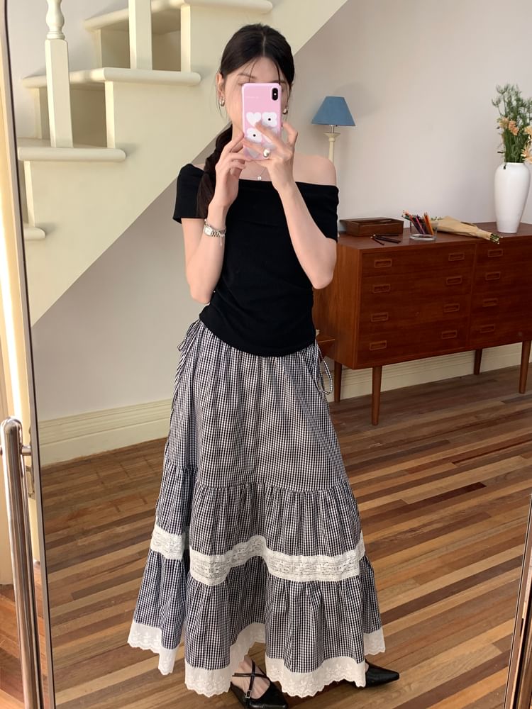 Beem - Hoge taille geruite maxi A-lijn rok