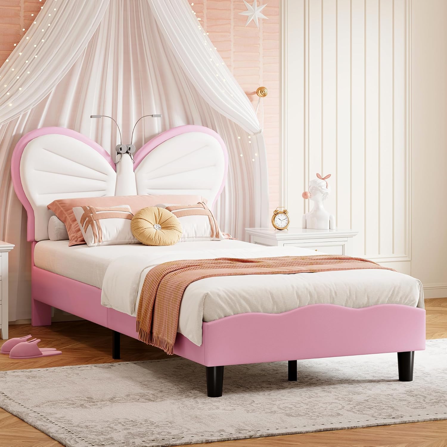 Kinderbett 90x200 cm, LED Einzelbett Gepolstertes Bett mit lattenrost für Mädchen, Polsterbett Jugendbett mit verstellbarem Kopfteil für Kinderzimmer, ohne Matratze (Rosa Schmetterling)
