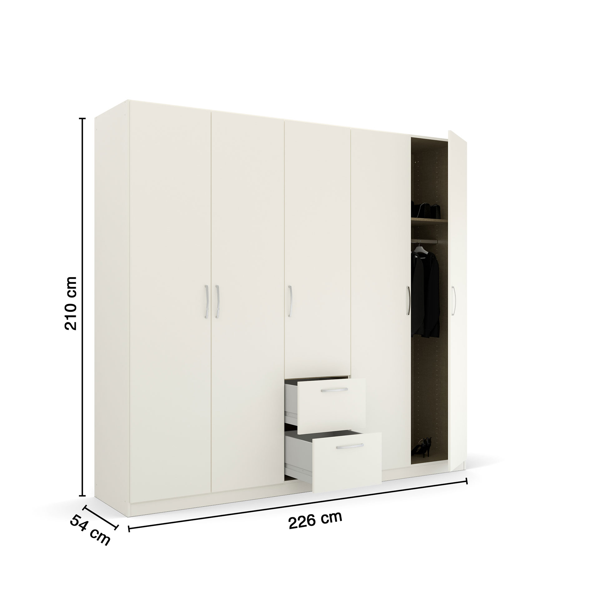 Drehtürenschrank - alpinweiß - 5-türig - 2 Schubkästen - 226 cm