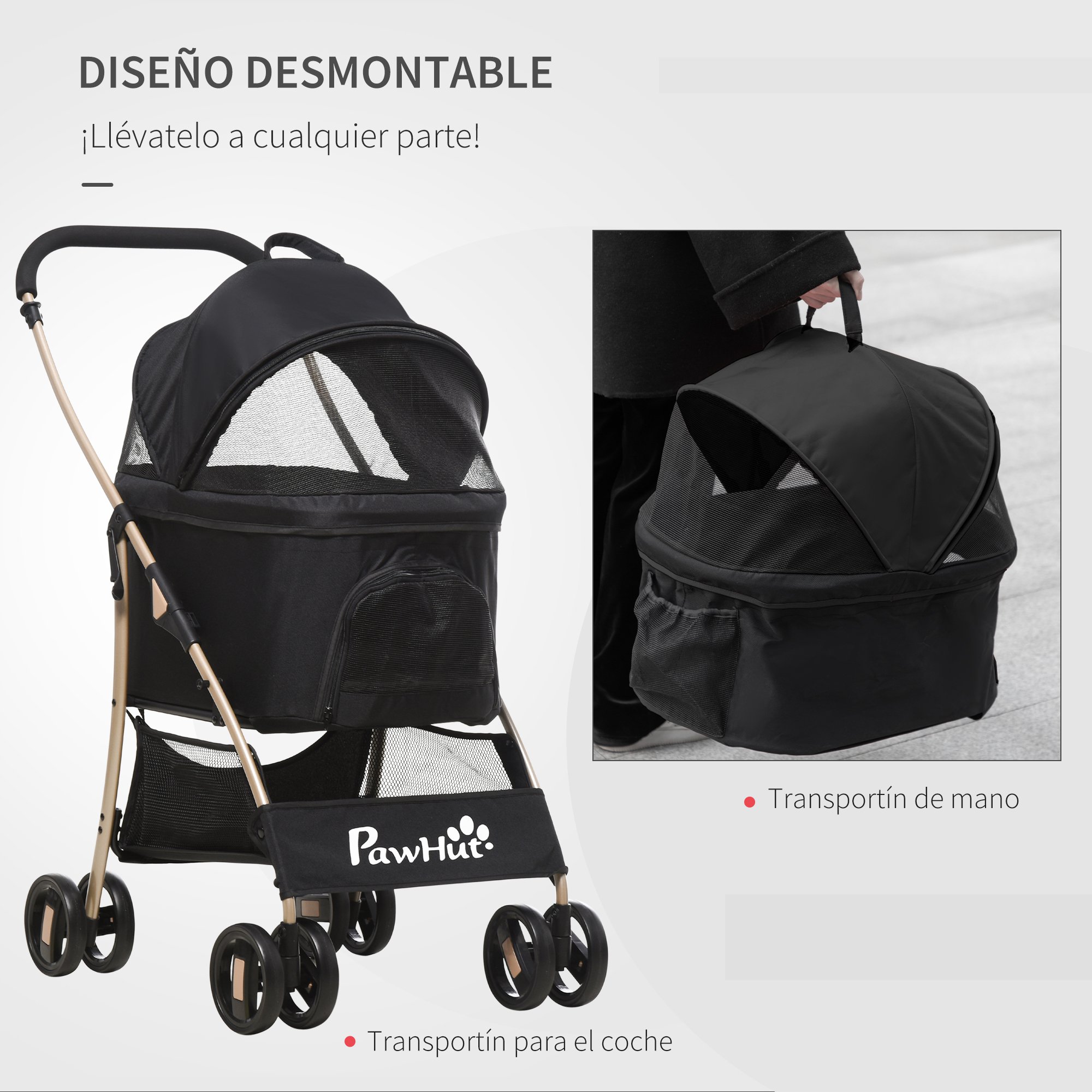 Carrinho para animais de estimação PawHut 3 em 1 para cães e gatos, com bolsa de transporte dobrável e removível, cesto de armazenamento e freios. Fabricado em tecido Oxford 600D, suporta até 15 kg e mede 82 x 49,5 x 98 cm, na cor preta.