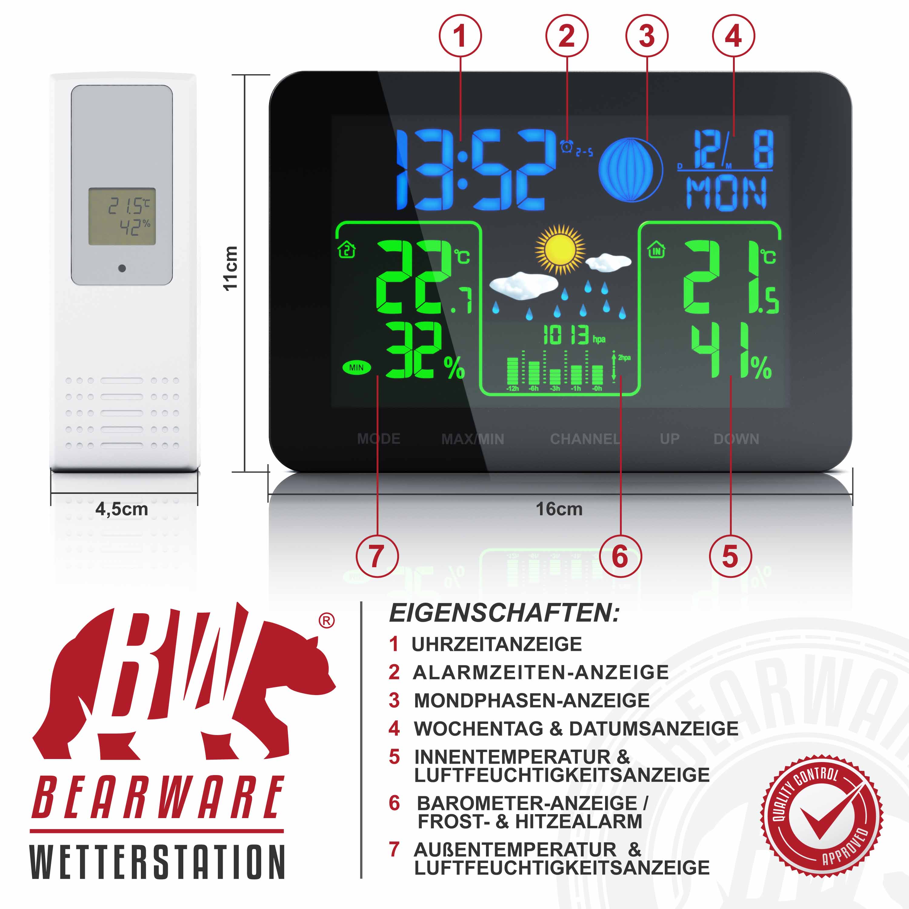 BEARWARE Funkwetterstation mit Farbdisplay & Außensensor Barometer, Wettervorhersage uvm.