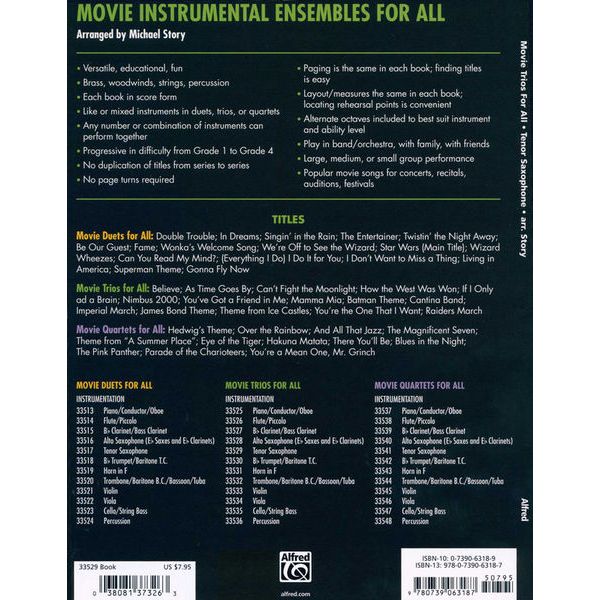 Alfred Music Publishing Movie Trios For All Tenor Sax
