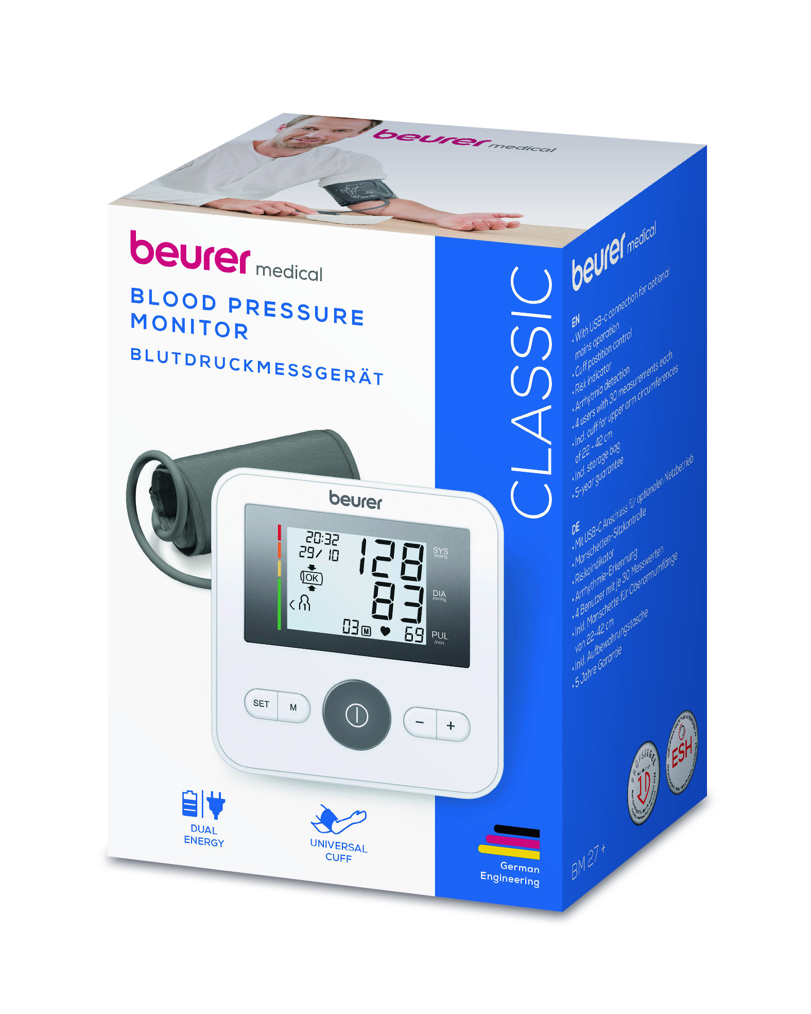 BM 27  Blutdruckmessgerät für den Oberarm mit Arrhythmie Erkennung / USB C Anschluss / App Funktion für iOS / Android (60418) - Weiss