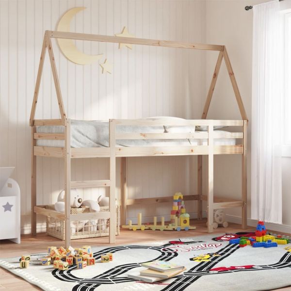 vidaXL Cama Alta com Escada e Telhado 80x200 cm Pinho Maciço - 1912704641