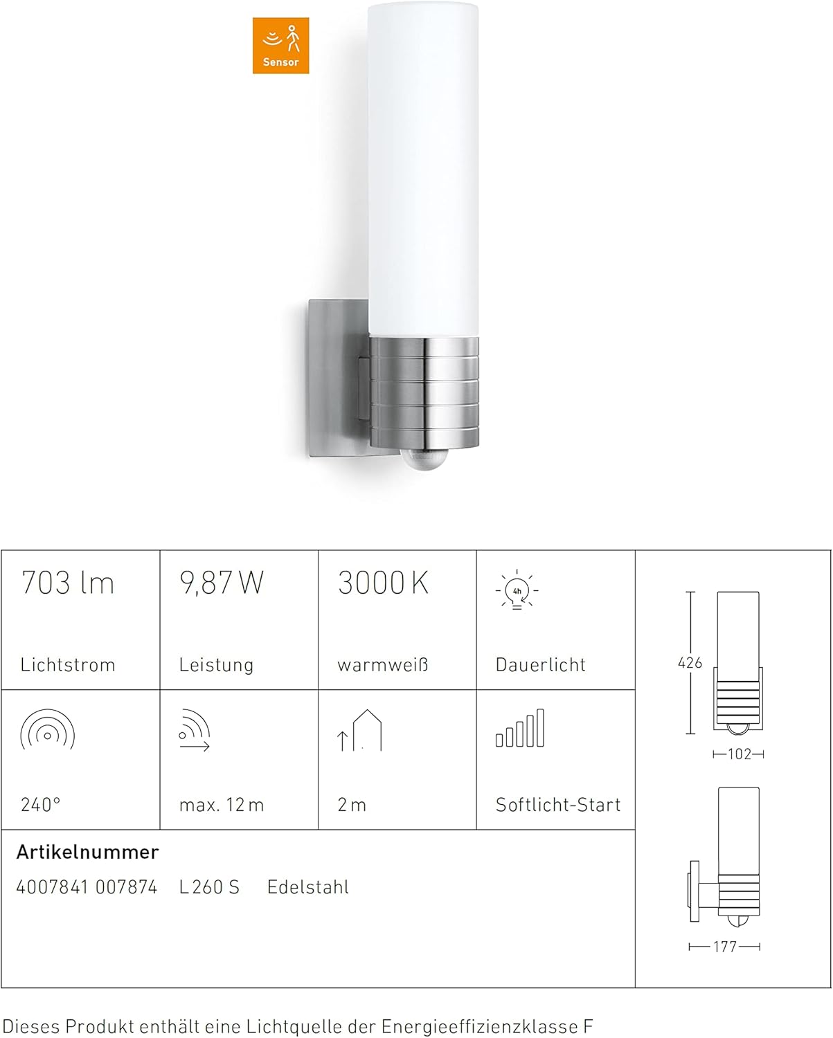Steinel Sensor Außenleuchte L 260 S, 9.87 W LED Lampe, 240° Bewegungsmelder, 12 m Reichweite, 703 lm, Edelstahl, Weiß