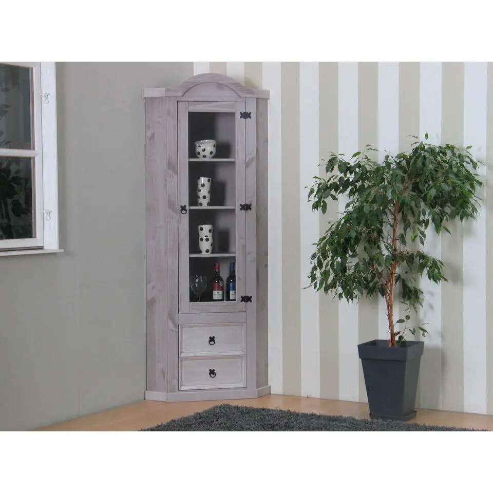 Hioshop New Mexico hoekkast hoekvitrine grijs grenen