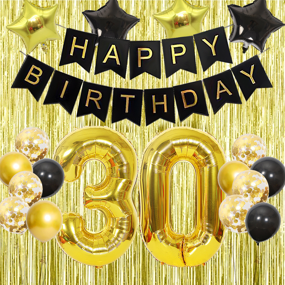 (53-tlg. Set) Happy Birthday Girlande 18. Geburtstag Party Deko   Latex- und Folienballons / Konfetti Ballons / Lametta Vorhang - Gold / Schwarz