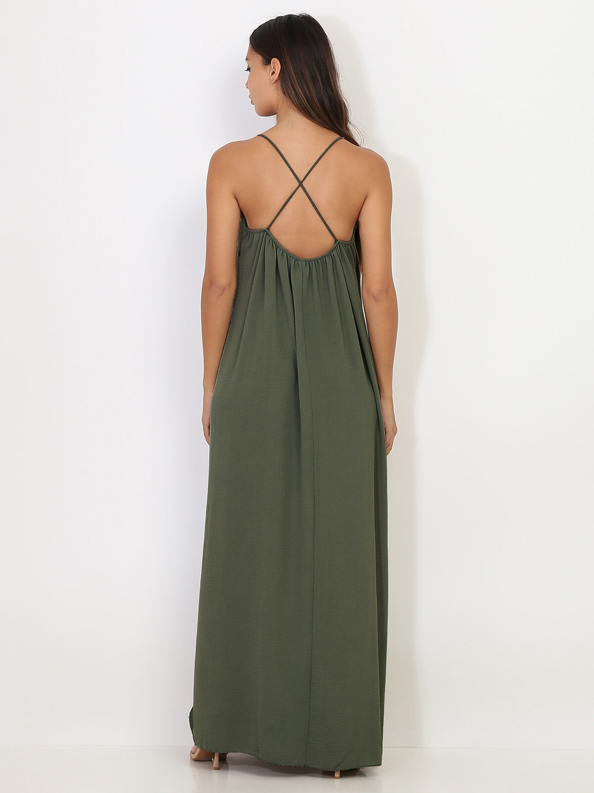 Robe longue fendue à dos croisé- Kaki