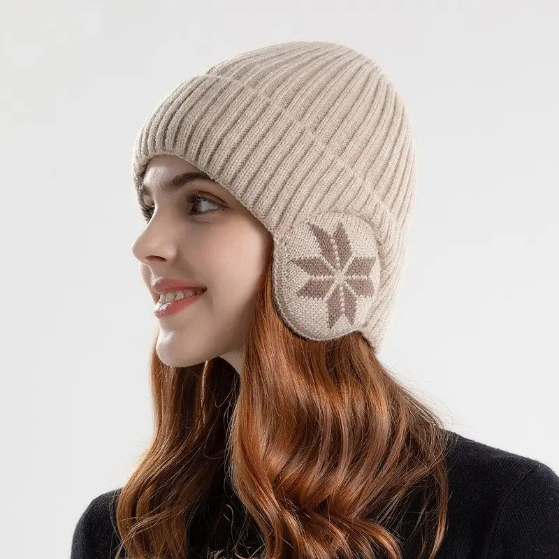 Unisex Strickmütze Ohrenwärmer Winter Mütze Schneeflocken Design (One Size) - Weiss