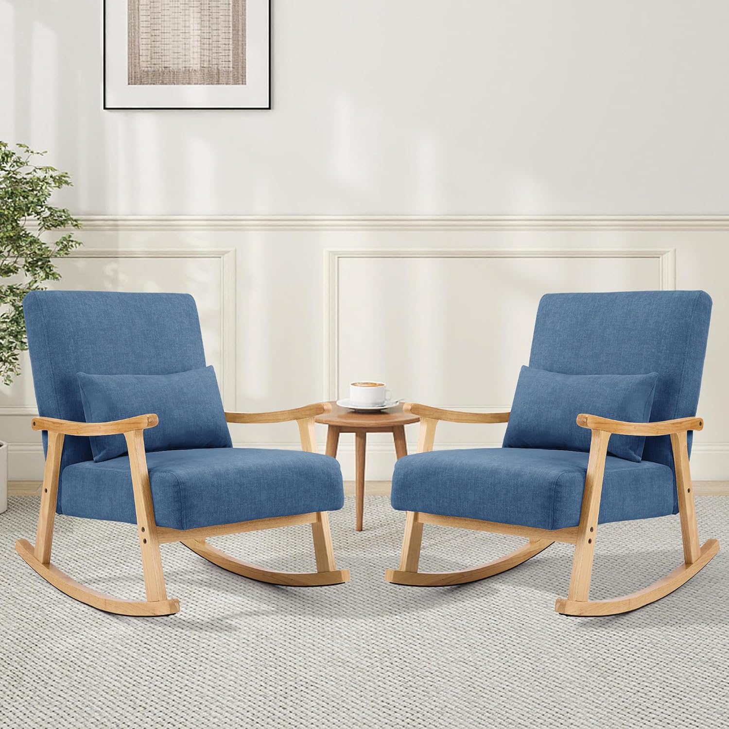 Mid-Century Modern Schaukelstuhl, Schaukelsessel mit Lendenkissen, Gepolsterter Stillsessel mit Holzarmlehnen & Holzbeinen, Bequemer Sessel für Wohnzimmer, Schlafzimmer & Babyzimmer, Blau