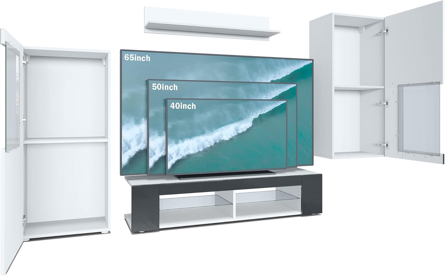 Vladon Wohnwand Movie, Anbauwand bestehend aus 1 TV-Board, 2 Vitrinen und 1 Regal, Weiß matt/Weiß matt/Schwarz Hochglanz (Gesamt: 300 x 190 x 39 cm)