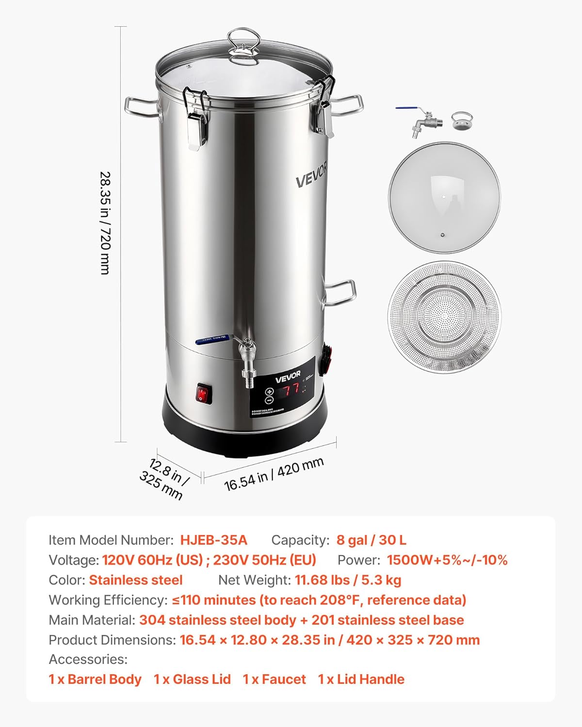 VEVOR elektrisches Bierbraugerät Bierbrauanlage Braukessel 30 L Hausgebrauch, Gehäuse aus Edelstahl 304, Maischekochgerät mit integriertem Innenfass & verstärktem Griff & Wasserhahn, Brausystem