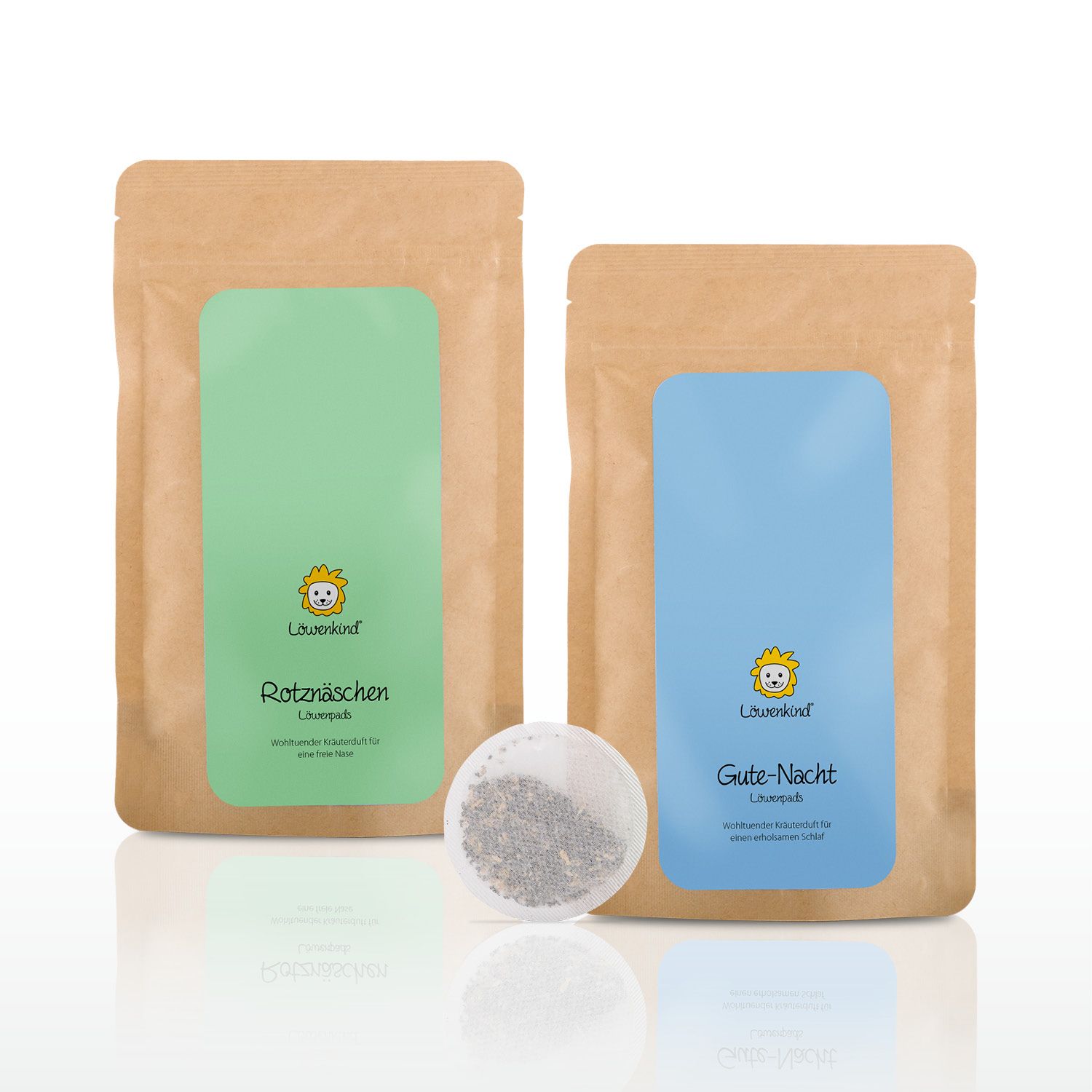 LÖWENKIND Gute-Nacht-Kräuterpads und Rotznäschen-Kräuterpads in Nachfüllpackungen