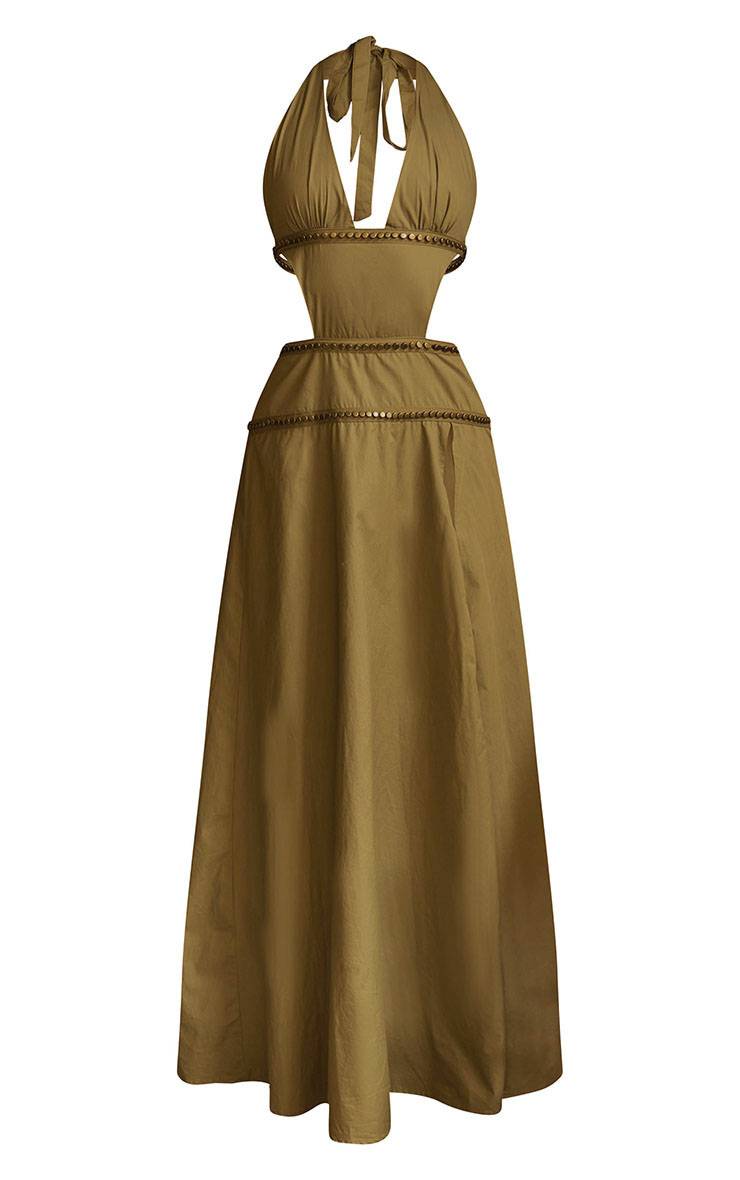 Vert Olive Robe Longue À Détails Cloutés