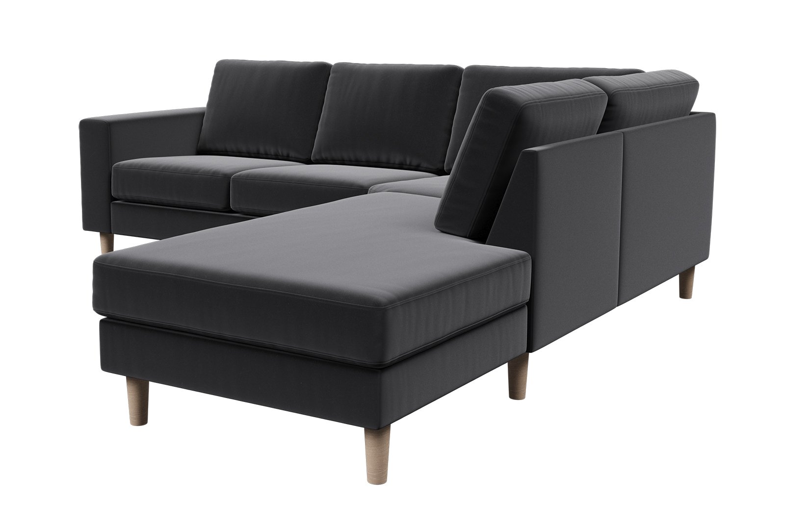 Hedda sofa Hjørnesofa 2,5-seter åpen ende høyre i tekstil Matt Velvet 99 black, arm F 18 cm og ben 1 hvitoljet eik.