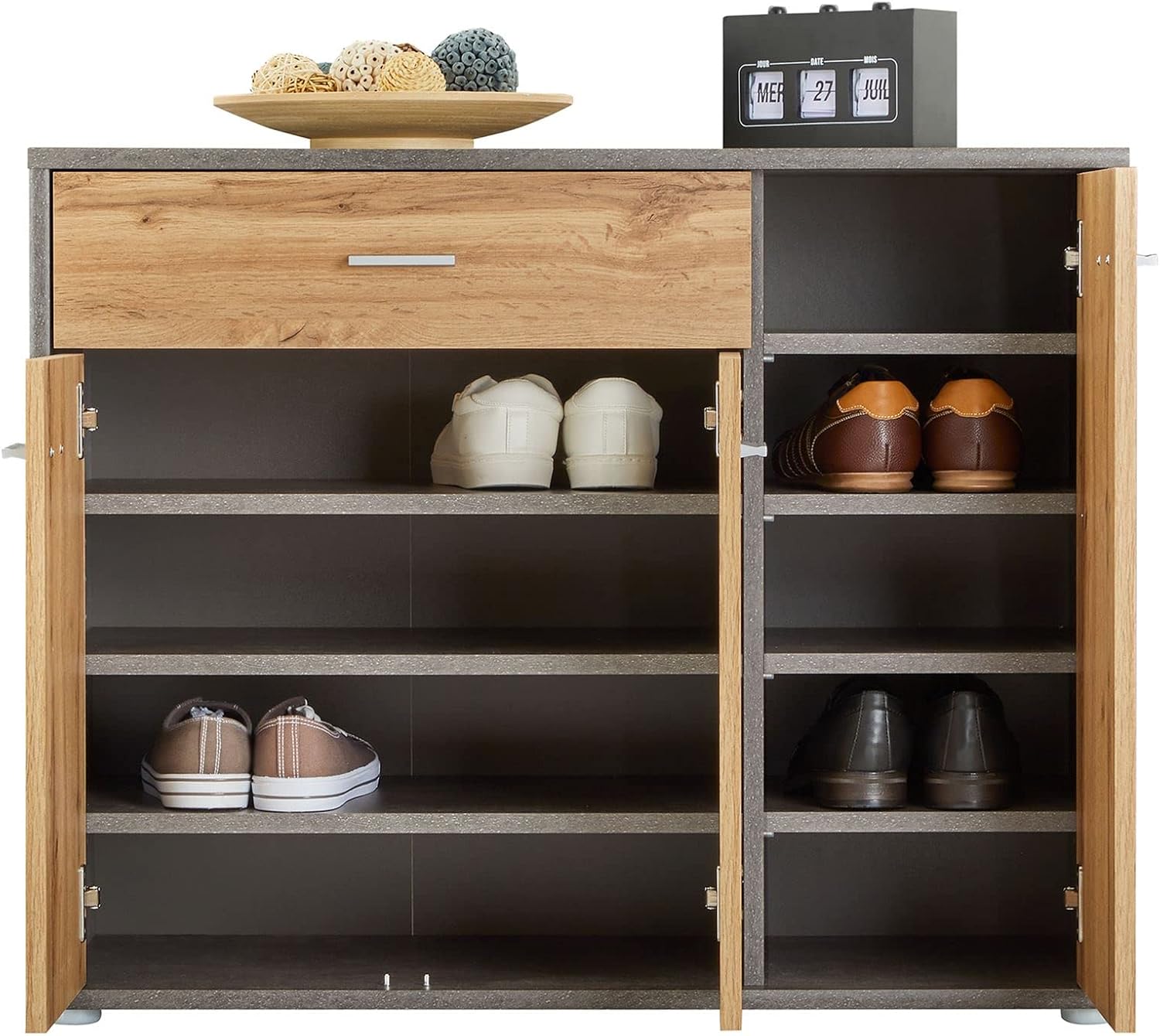 CARO-Möbel Schuhschrank DEUSTO 3 Türen 1 Schublade 7 Einlageböden für Flur und Eingangsbereich - Schuhregal geschlossen - Schuhaufbewahrung Sideboard betonoptik/Eiche