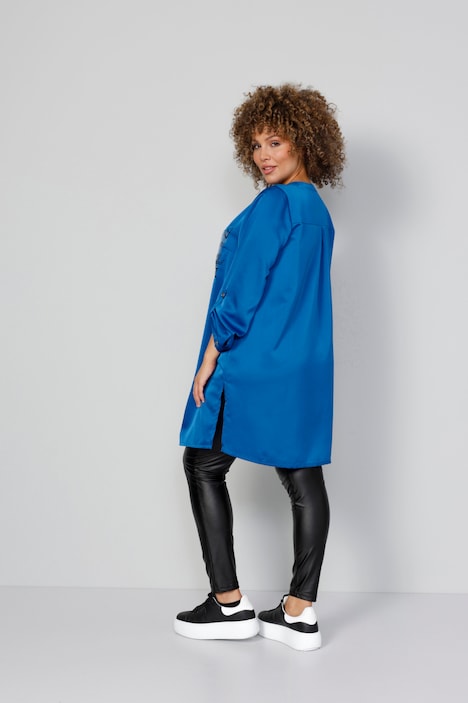 Long-Tunika, Satin, Pailletten-Brusttasche, Langarm