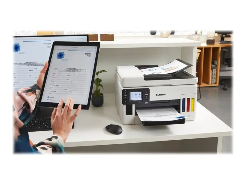Canon MAXIFY GX7050 - Multifunktionsprinter - farve - blækprinter - kan genopfyldes - Legal (216 x 356 mm)/A4 (210 x 297 mm) (original) - A4/Legal (medie) - op til 24 ipm (udskriver) - 600 ark - 33.6 Kbps - LAN, Wi-Fi(n), USB 2.0, USB vært