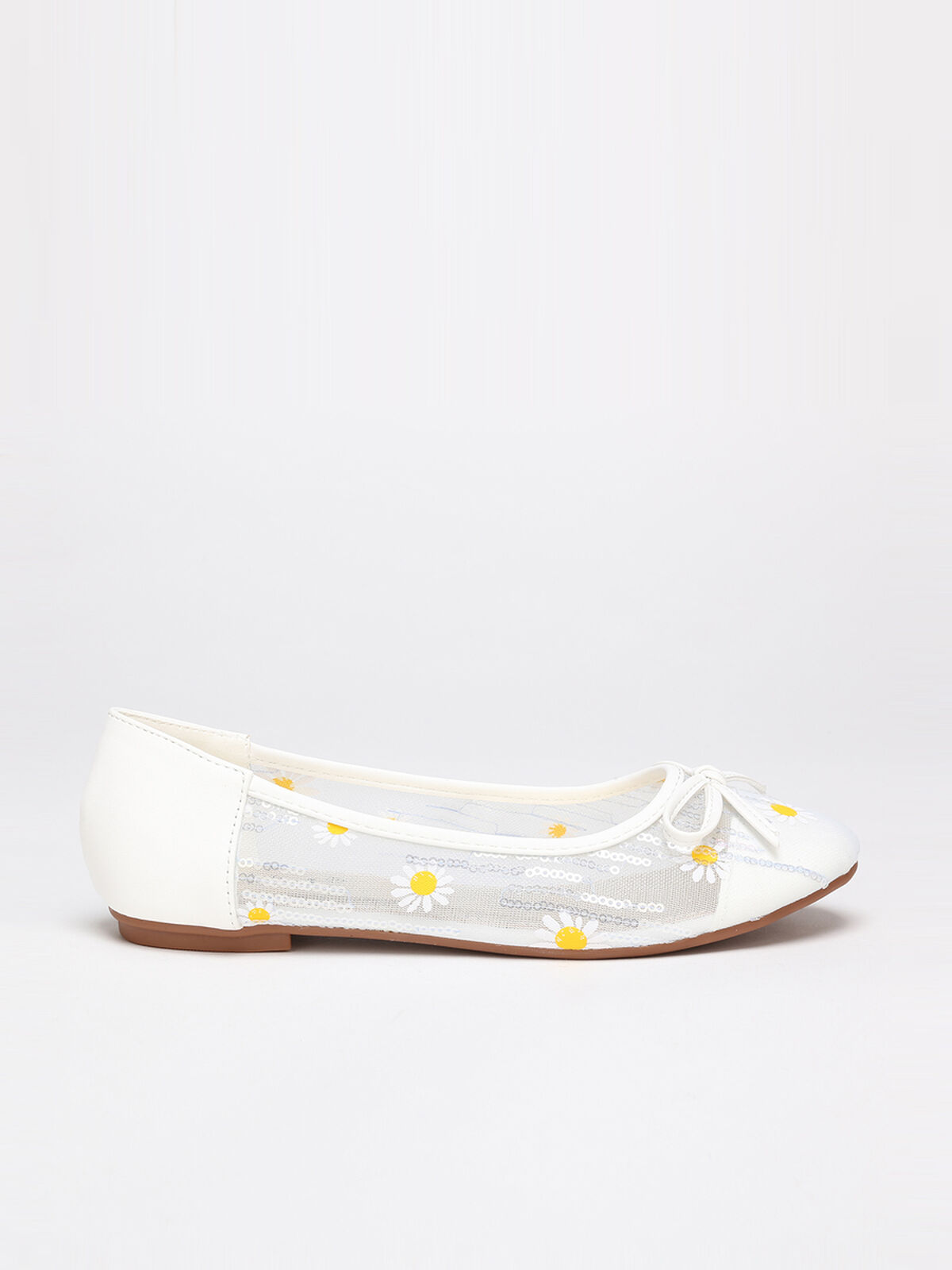 Ballerines bi-matières avec sequins et pâquerettes- Blanc