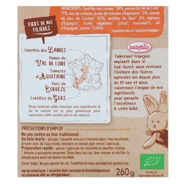 Prato de refeição Babybio com cenoura, lentilhas e carne de porco (+15 meses), orgânico, 260g