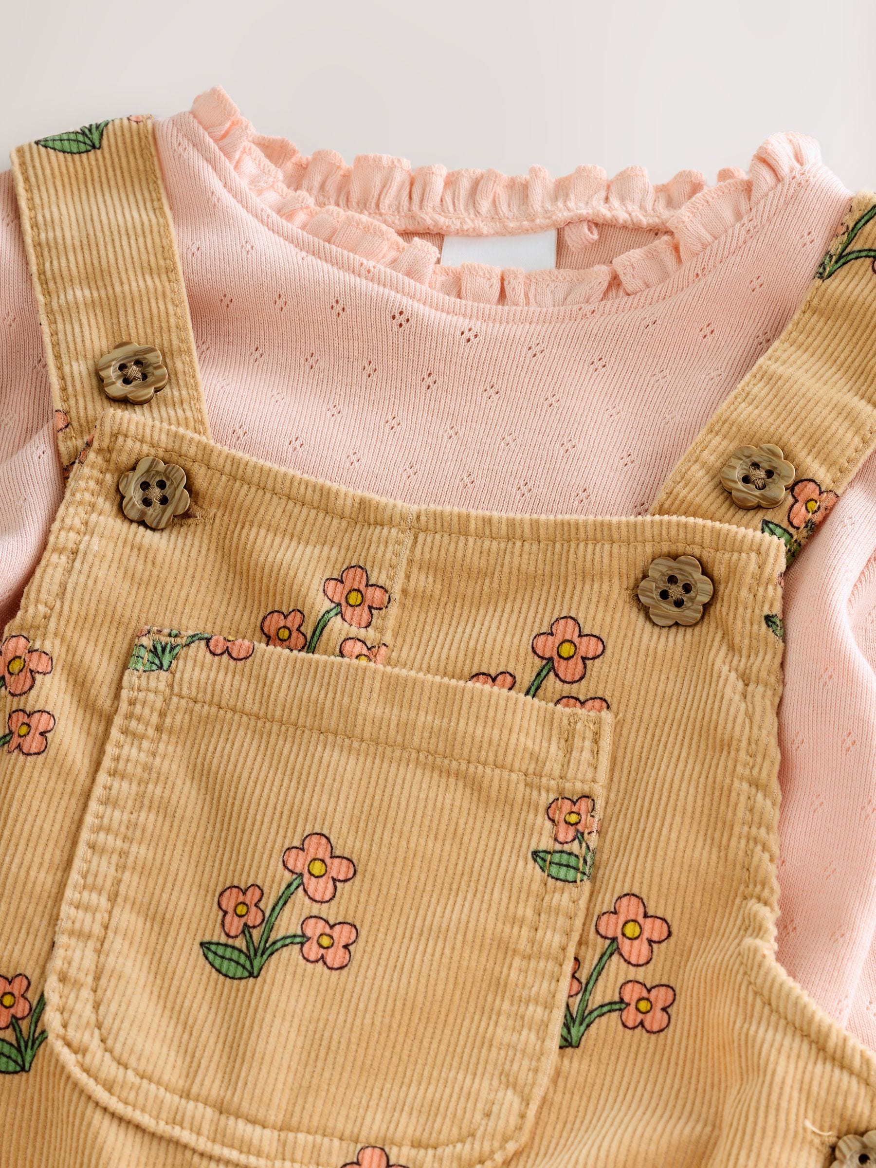 Okergeel - Set van corduroy tuinbroek met bloemenprint en T-shirt (3mnd -7jr)