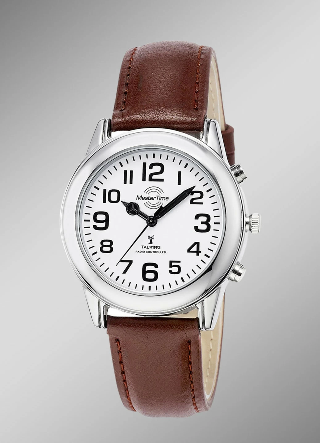 Funk-Herrenuhr mit Lederband und sprechender Zeitansage