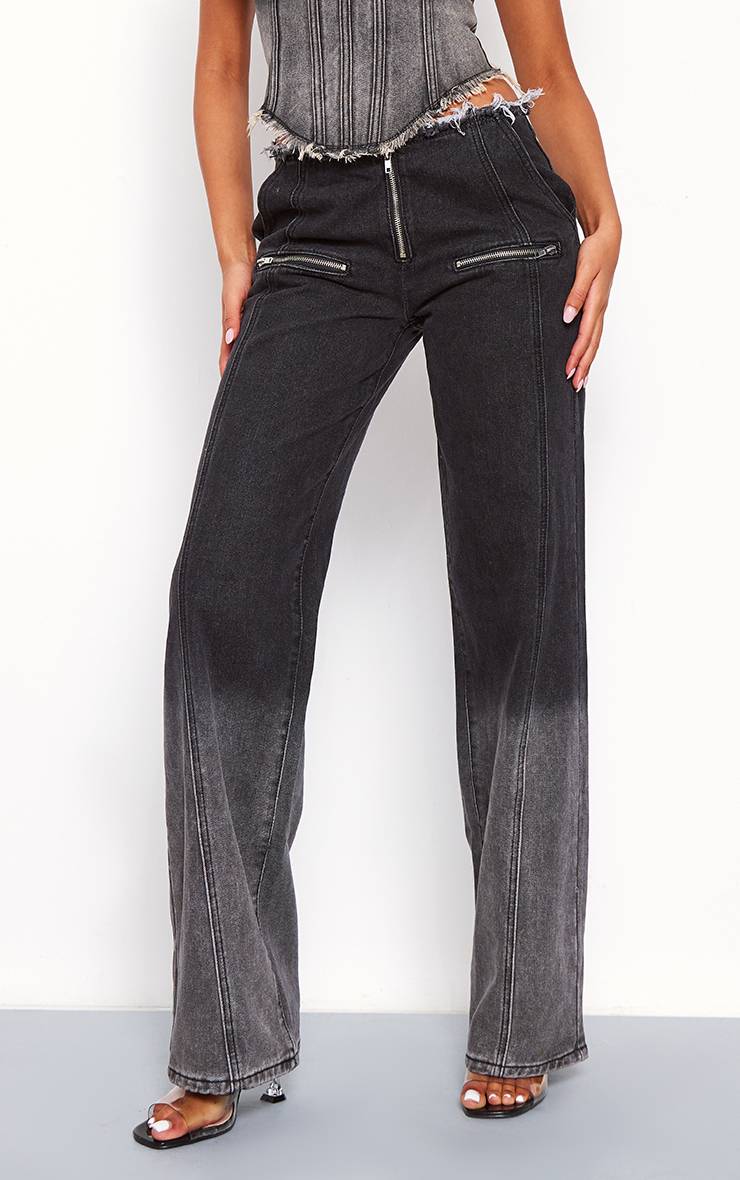 Noir Délavé Jean Taille Haute Effiloché Taille Basse Coupe Large Jambe Large