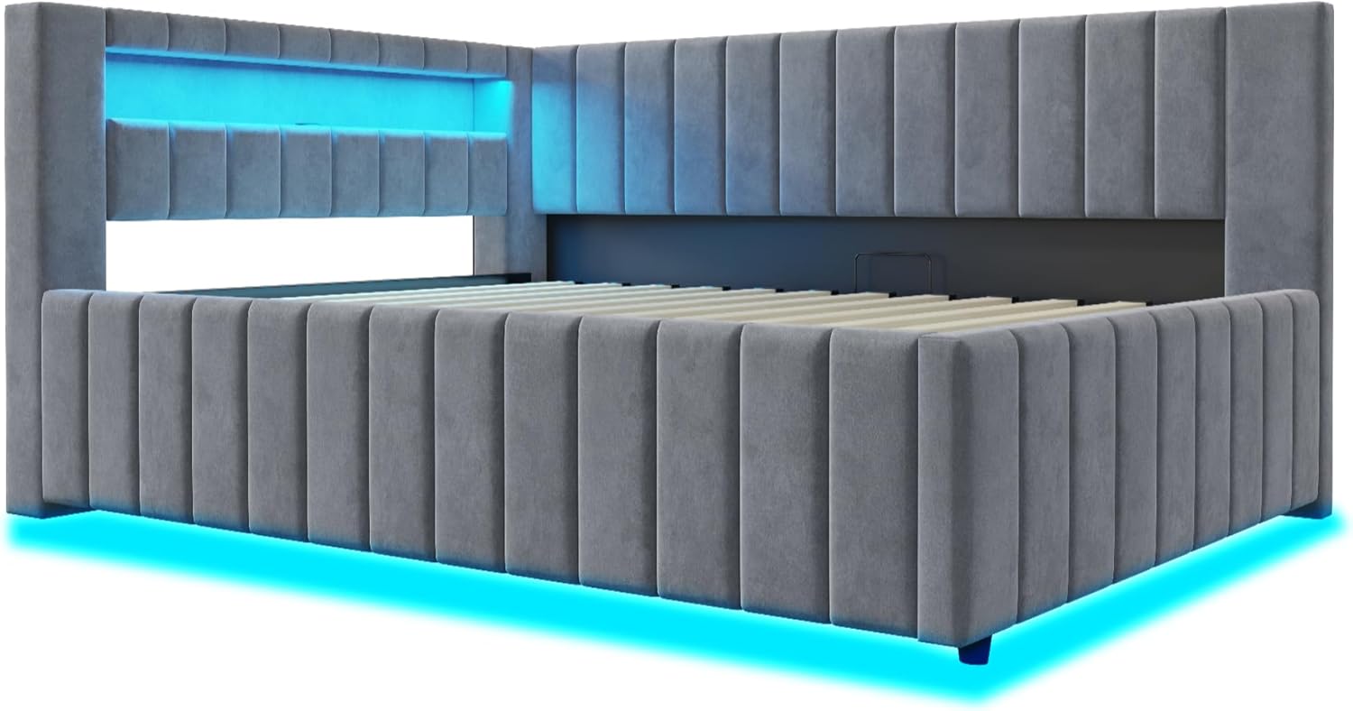 Polsterbett Schlafsofa 140x200, Doppelbett mit Hydraulischem Stauraum, mit LED-Licht und USB-Ladefunktion, Tagesbett Jugendbett mit Lattenrost, Samtstoff, ohne Matratze (Grau)