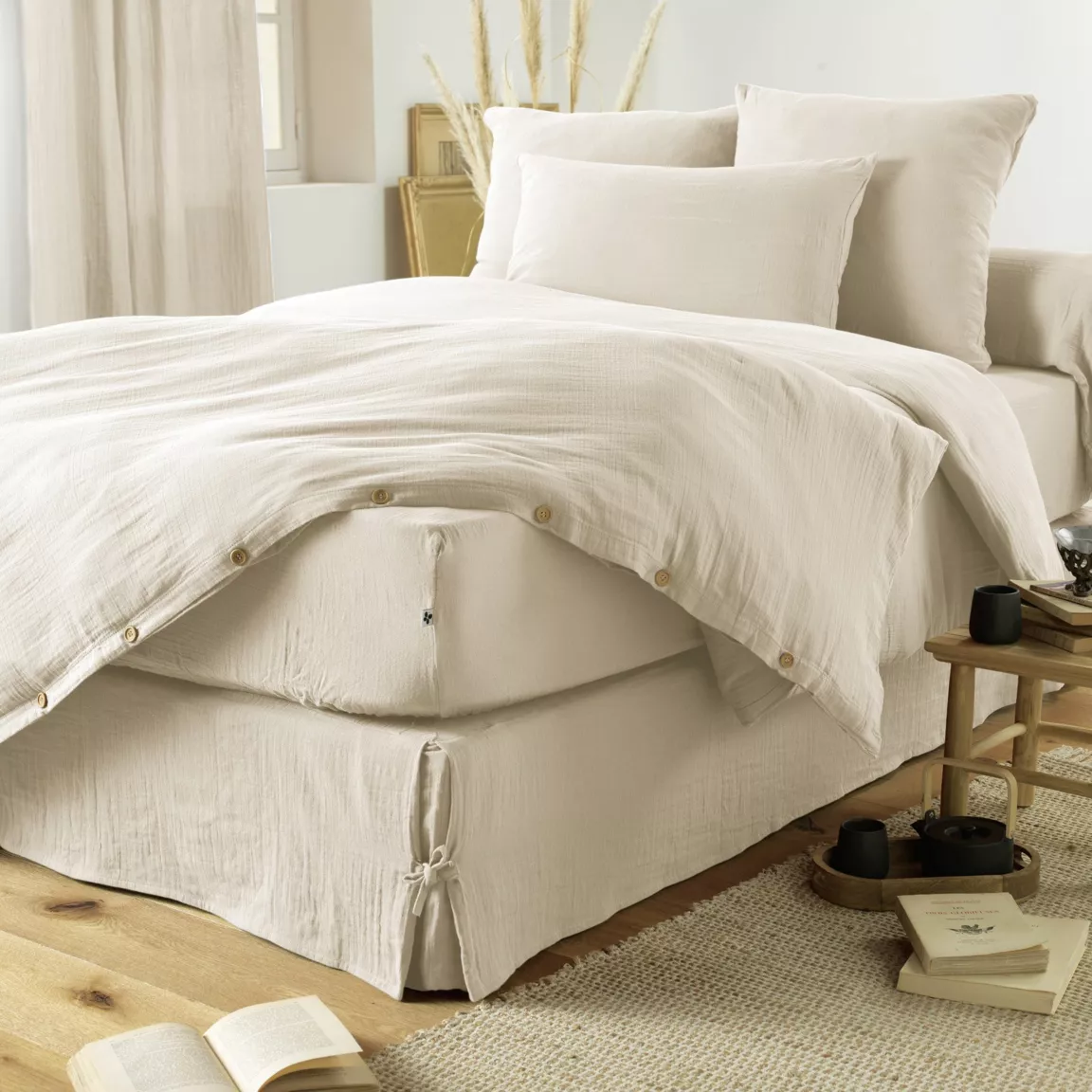 Cache-sommier Gaze de coton (160 x 200 cm) Gaïa Beige pampa