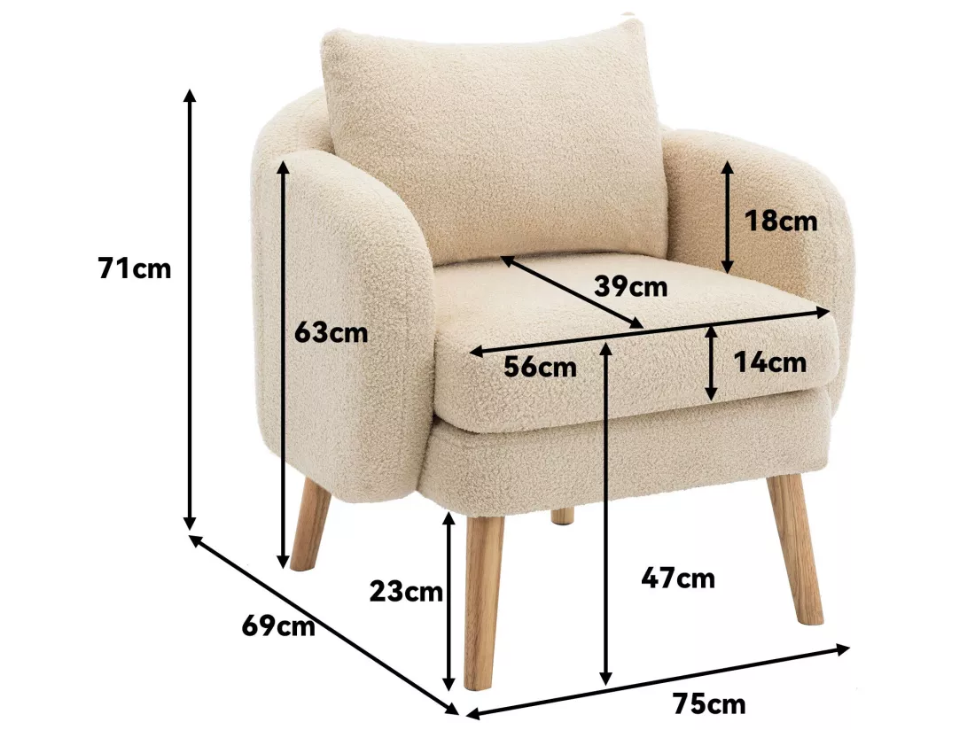 Fauteuil en tissu teddy avec coussin - pieds en bois massif - beige