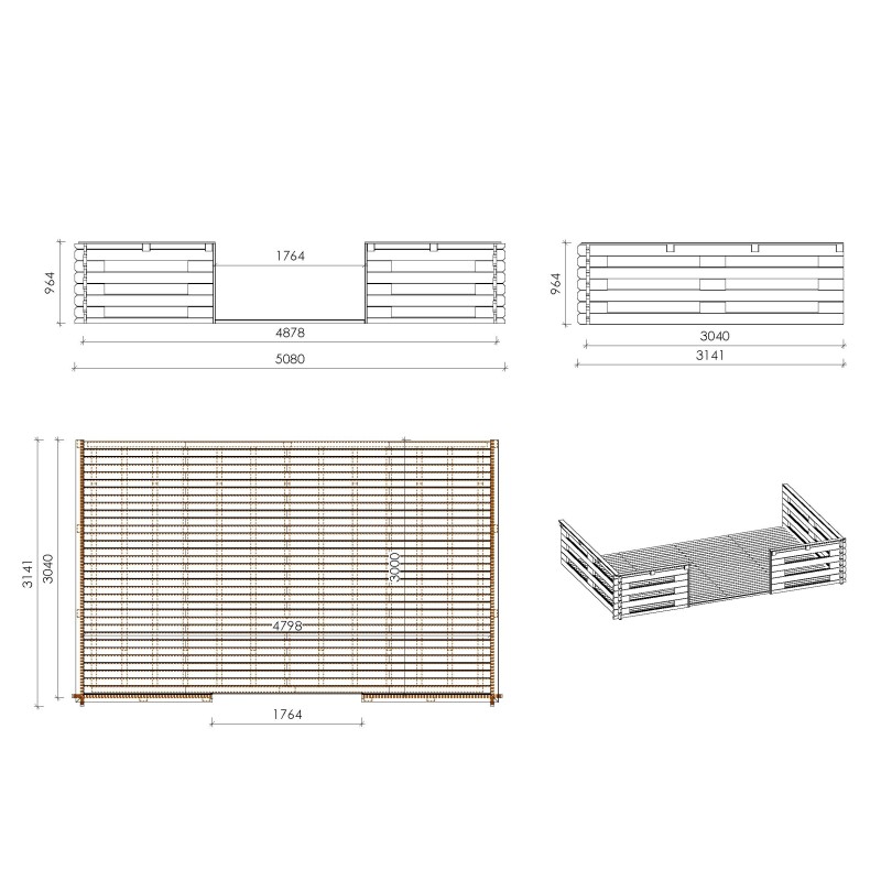 Abri de jardin en bois - 5x5 m - 40 m2 + terrasse avec balustrade et avant-toit en bois
