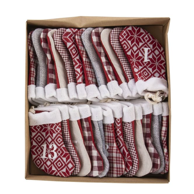 Adventskalender Socken - braun/rot/grau/weiß - ca. 220 x 13,5 cm