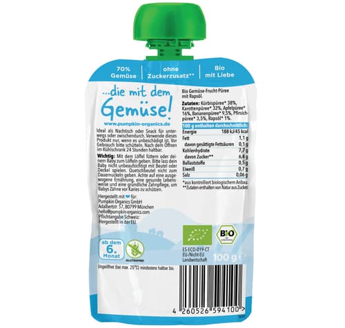 Pumpkin Organics BIO Wonne Gemüsepüree aus Kürbis, Karotte mit Apfel, Banane, Pfirsich