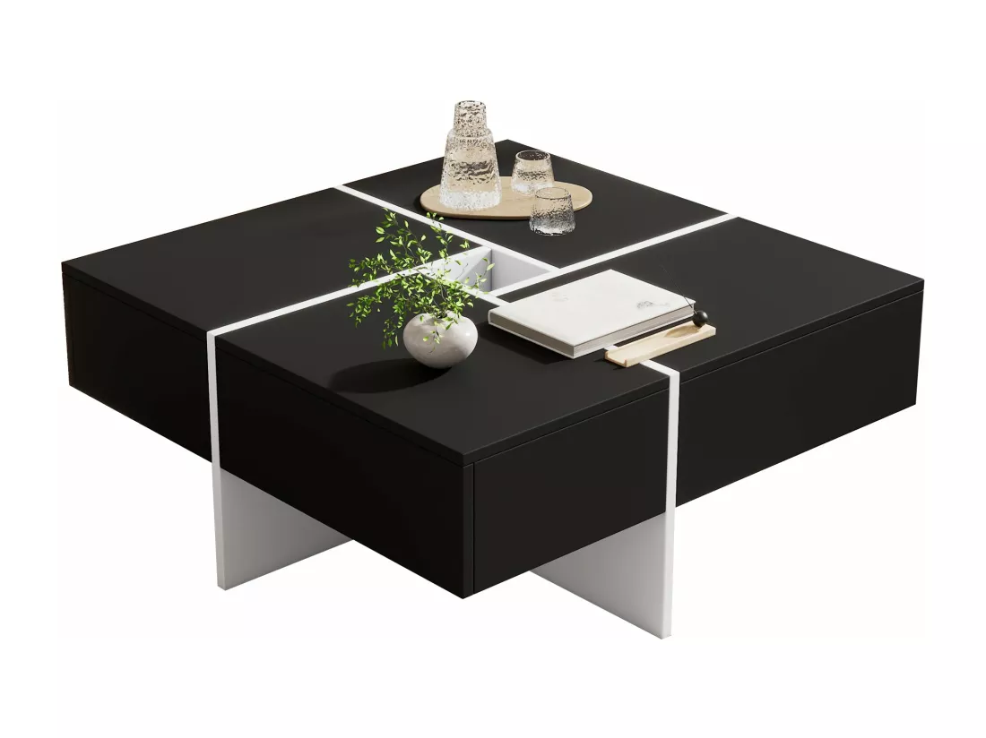 Table basse carrée avec rangement central, noire,d70cm×h35cm