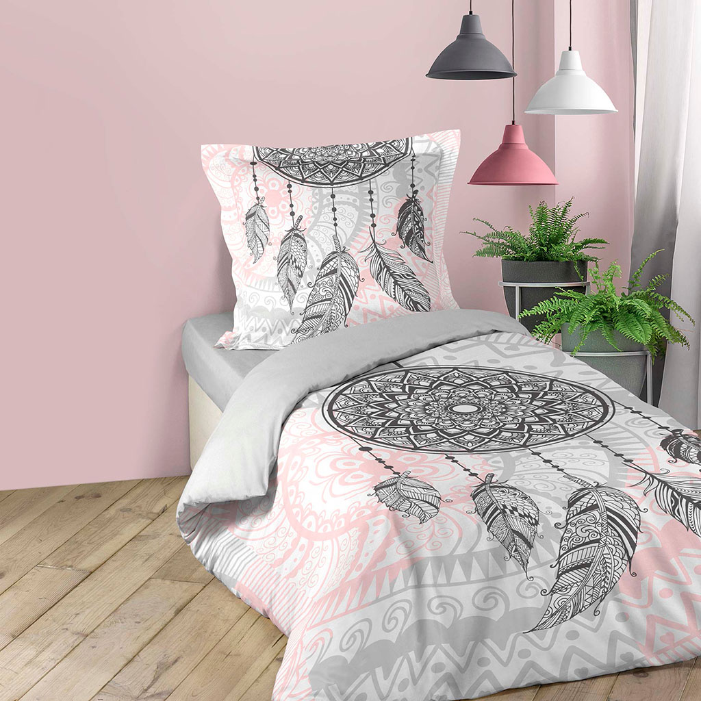 Parure housse de couette coton attrapes-rêves gris, blanc et rose 140x200cm
