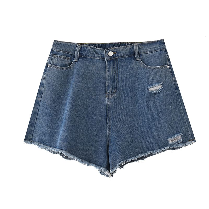 Krezol - Plus Size Hoge Taille Gewassen Gerafelde Versleten Wijde Denim Shorts