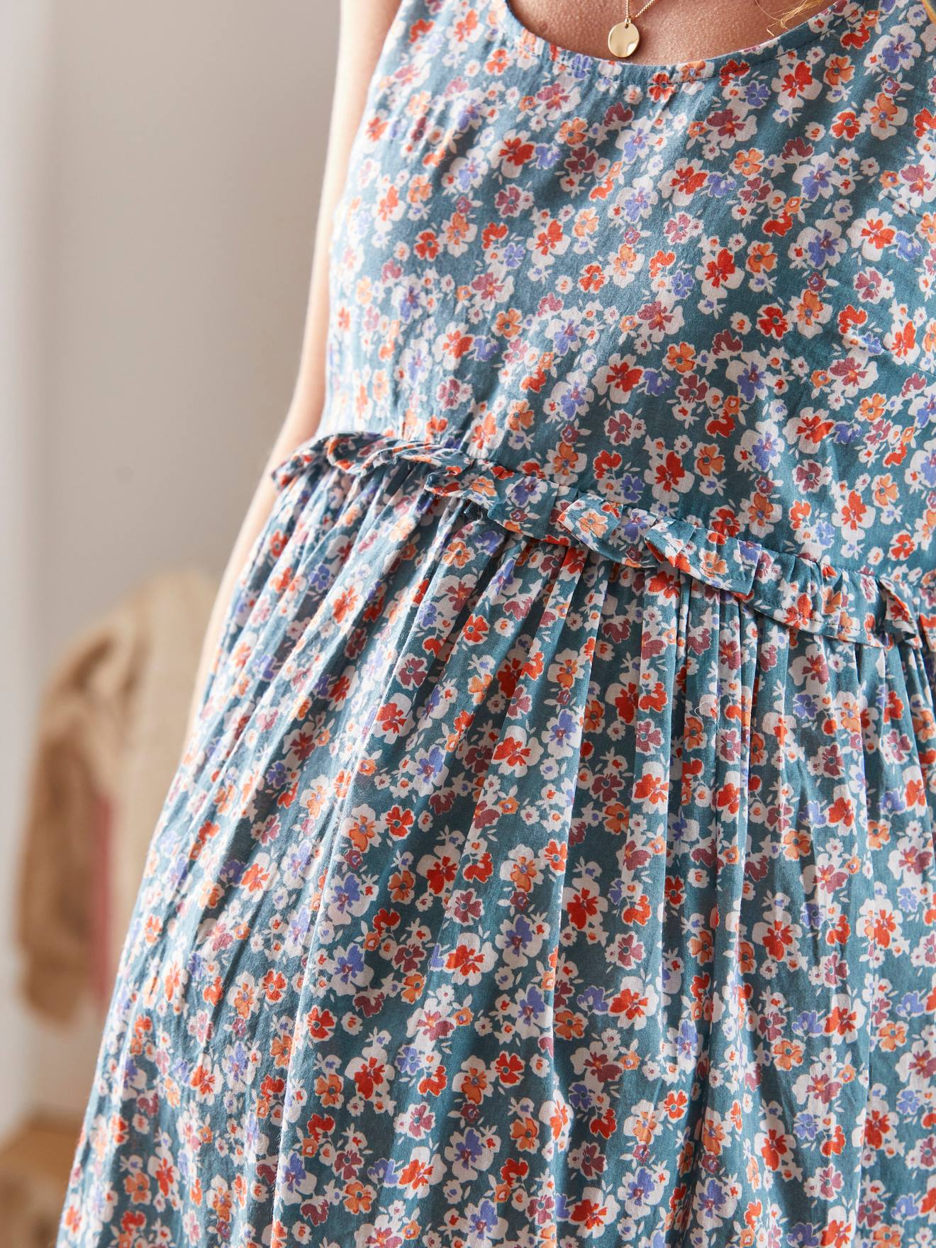 Vestido curto de chiffon de algodão para gestantes e lactantes, estampa verde médio.