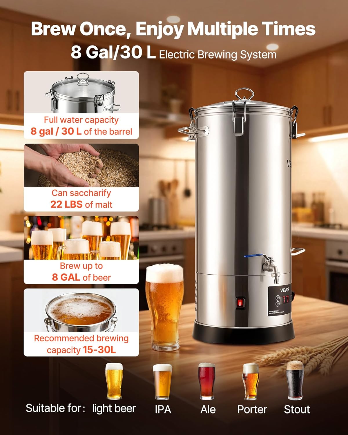 VEVOR elektrisches Bierbraugerät Bierbrauanlage Braukessel 30 L Hausgebrauch, Gehäuse aus Edelstahl 304, Maischekochgerät mit integriertem Innenfass & verstärktem Griff & Wasserhahn, Brausystem